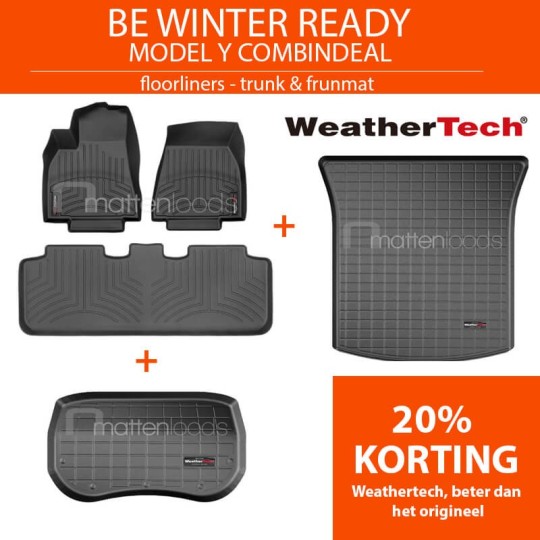 Tesla Model Y combideal: Weathertech Floorliners, kofferbakmat & frunkmat